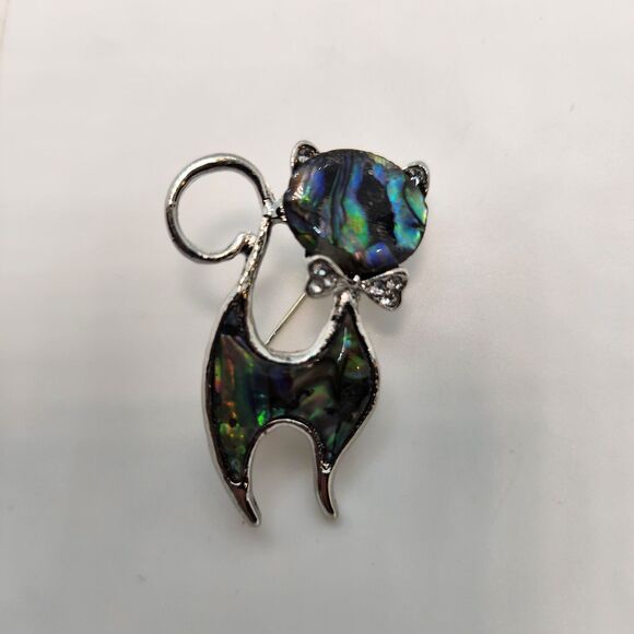 Alley Cat Iridescent Enamel Blue Brooch Pendant  Bow Tie Silver Tone Sleek 2" - Picture 15 of 16